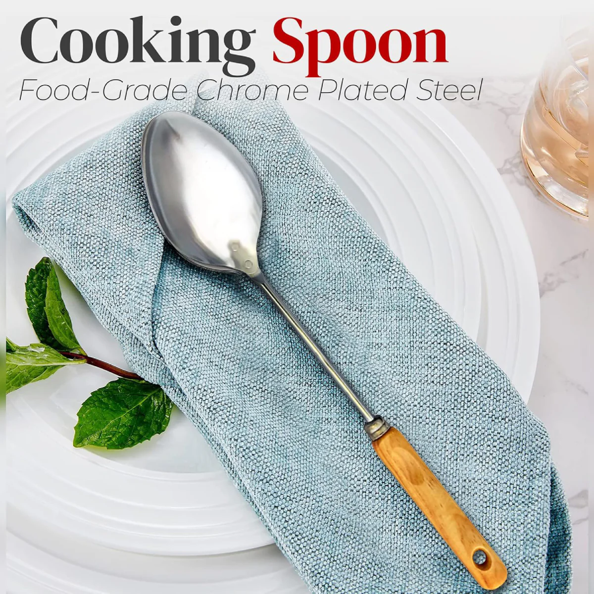 Alpine Cuisine 13" Spoon with Wood Handle - Brown/Silver - Image 3