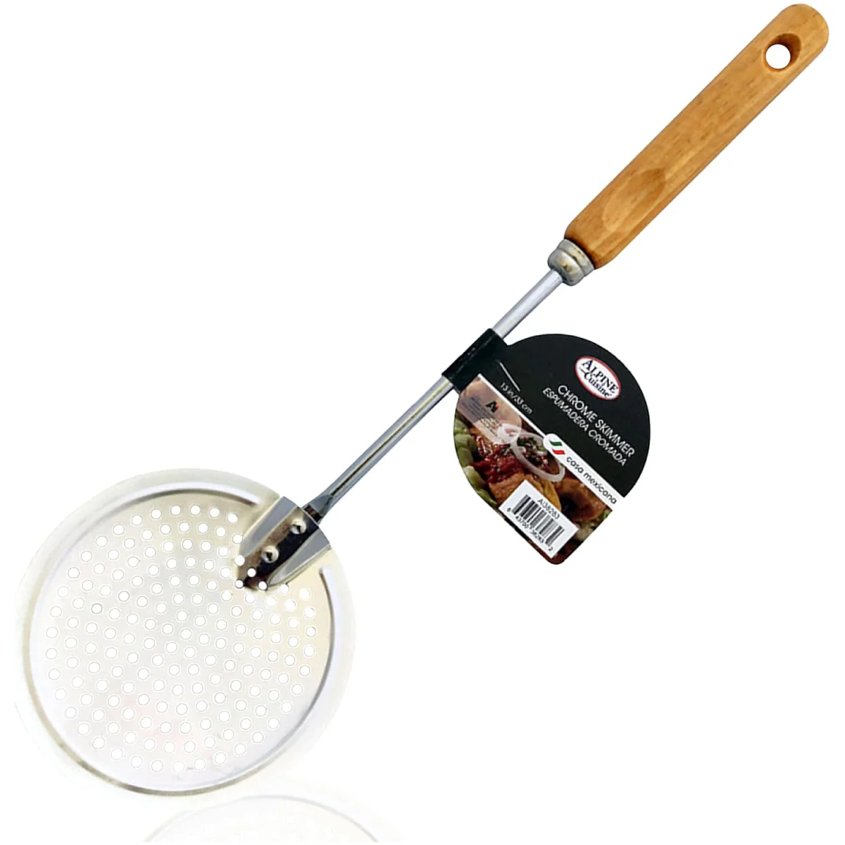 Alpine Cuisine 13" Skimmer Spoon with Ergonomic Wooden Handle - Brown/Silver