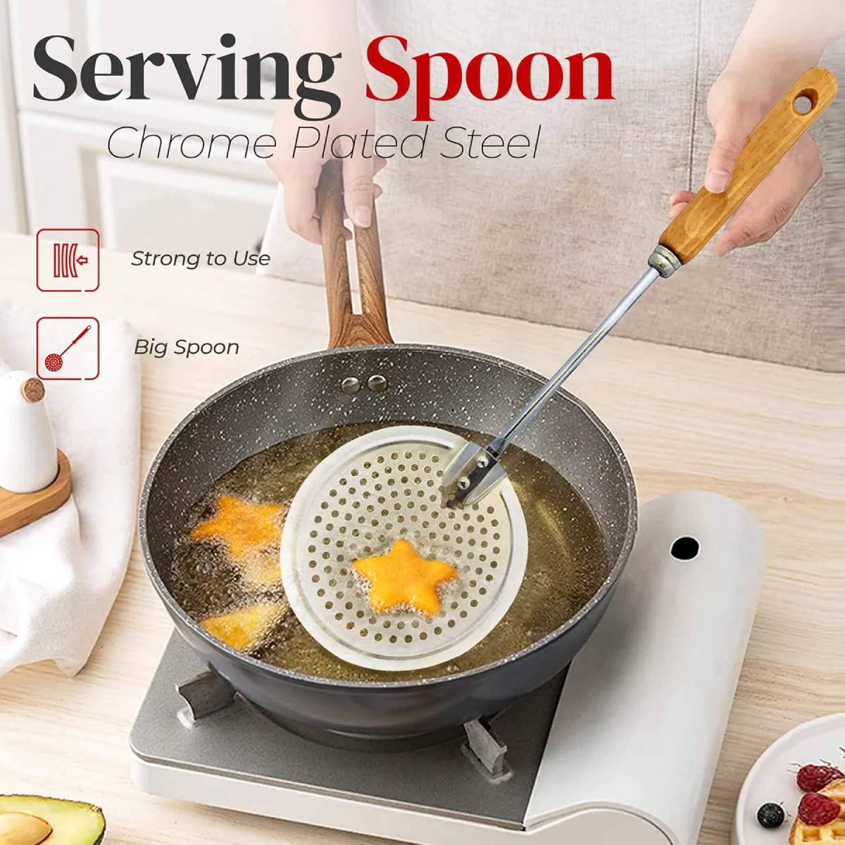 Alpine Cuisine 13" Skimmer Spoon with Ergonomic Wooden Handle - Brown/Silver - Image 3