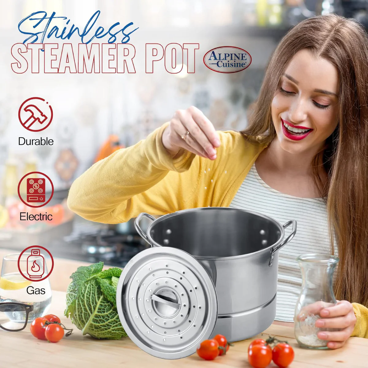 Alpine Cuisine Steamer Pot Set (3 Piece) - Silver - Image 4