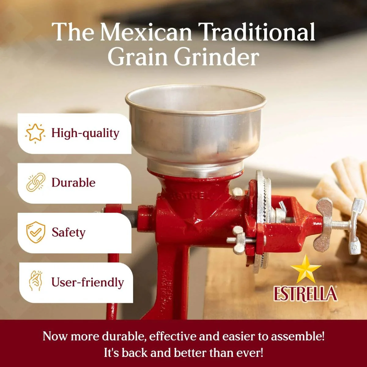 Estrella Molino Corn Grinder with Hopper - Red - Image 3
