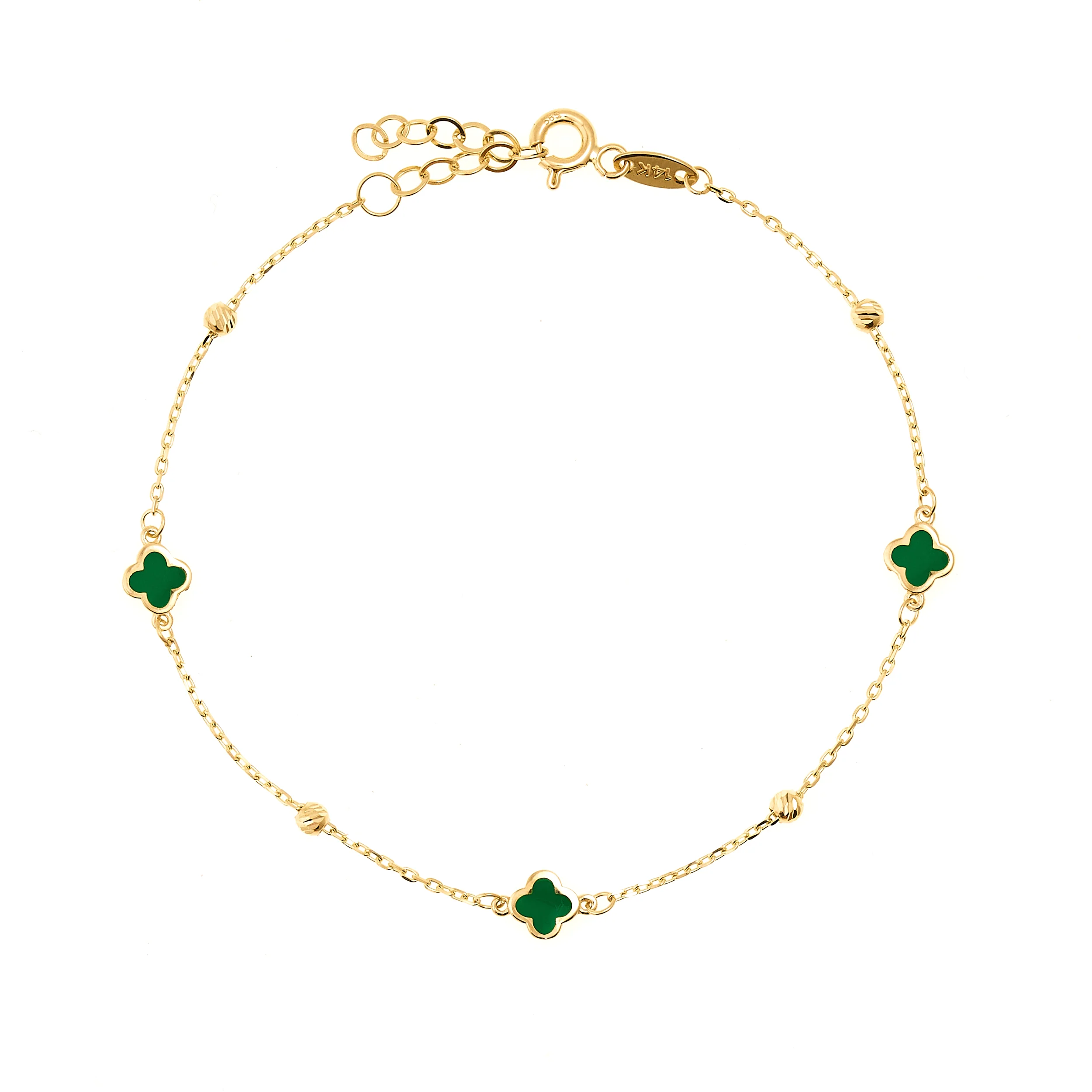 14K Yellow Gold Green Enamel Clover Bracelet