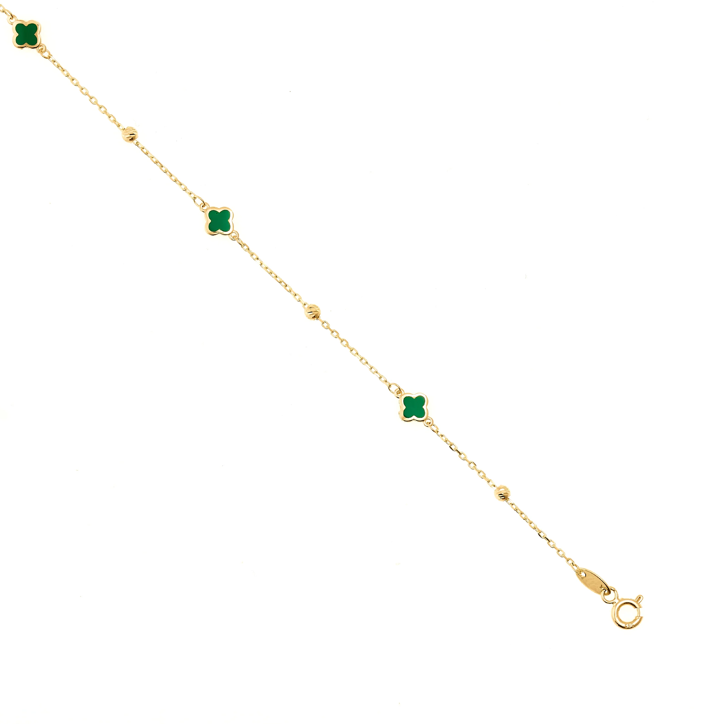 14K Yellow Gold Green Enamel Clover Bracelet - Image 2