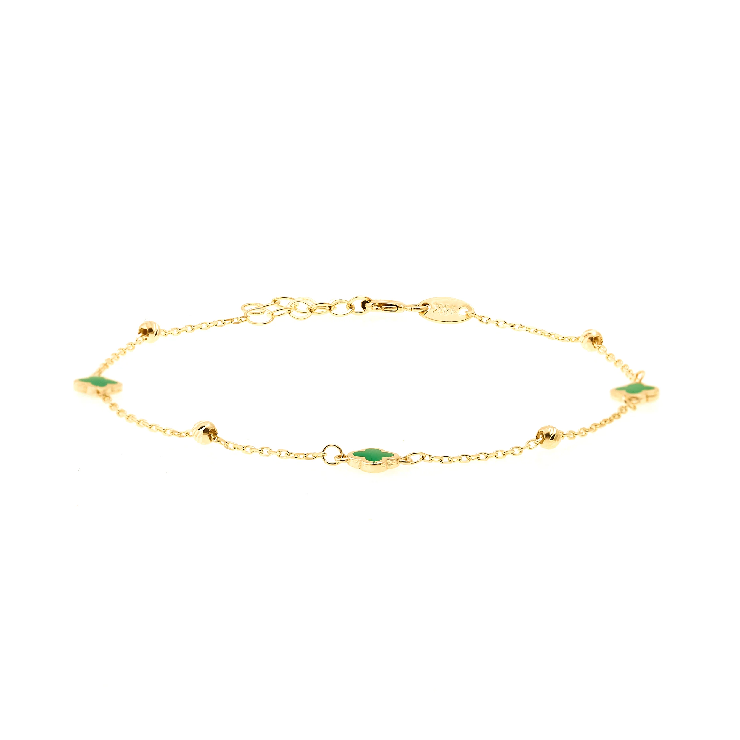 14K Yellow Gold Green Enamel Clover Bracelet - Image 3