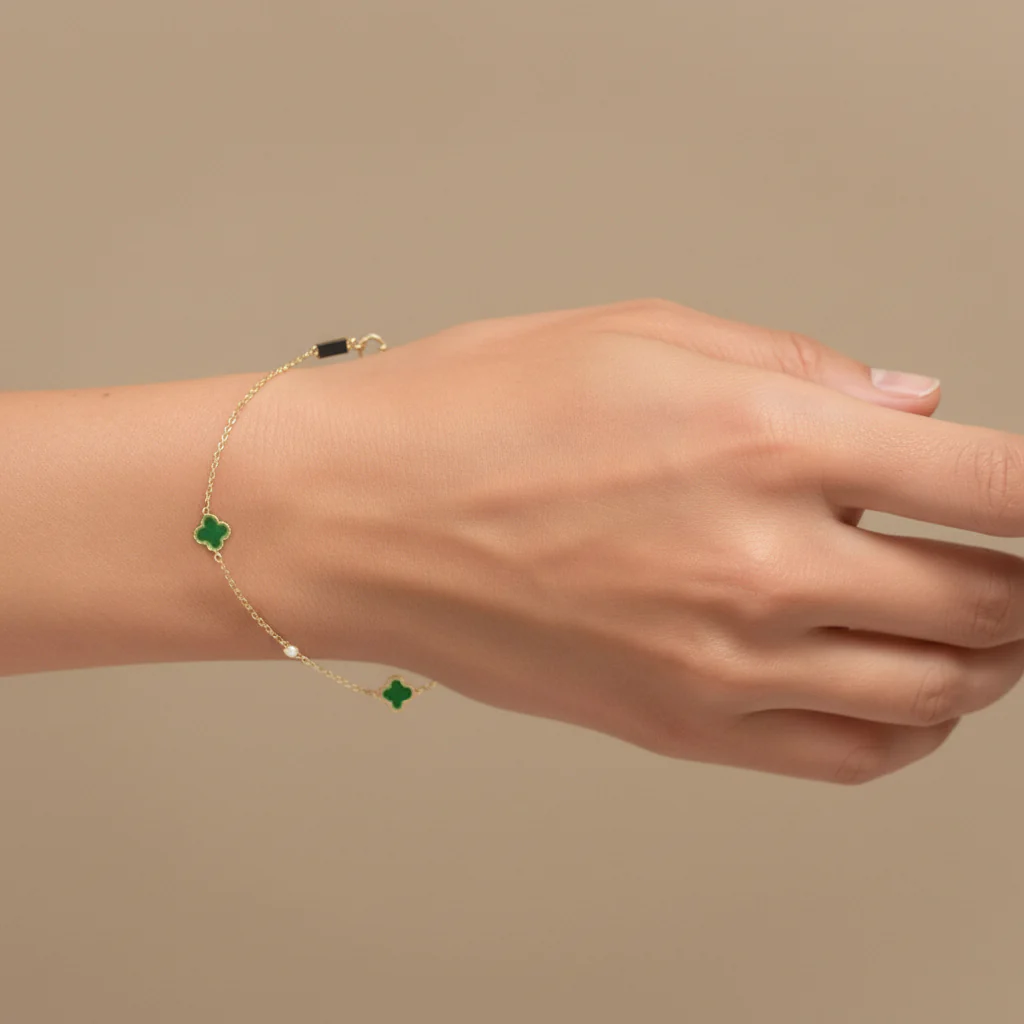 14K Yellow Gold Green Enamel Clover Bracelet - Image 4