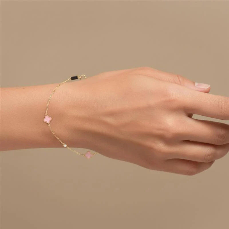 14K Yellow Gold 7.5" Clover Pearl Bracelet - Image 4