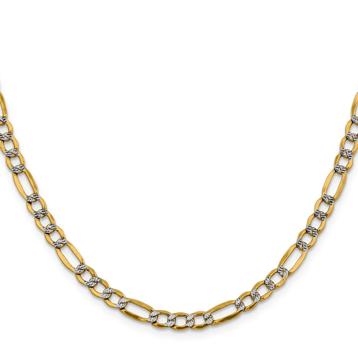 14K Yellow Gold Unisex 24" Semi-Solid Pavé Figaro Rhodium-Plated Chain