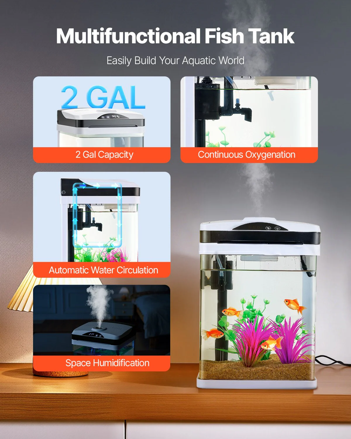 2 Gallon Fish Tank Aquarium LED Smart Square Clear Glass 7 Color Self Cleaning