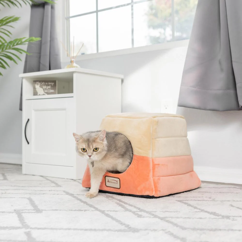 2-In-1 Cat Bed Cave Shape And Cuddle Pet Bed, Orange/Beige - Image 10