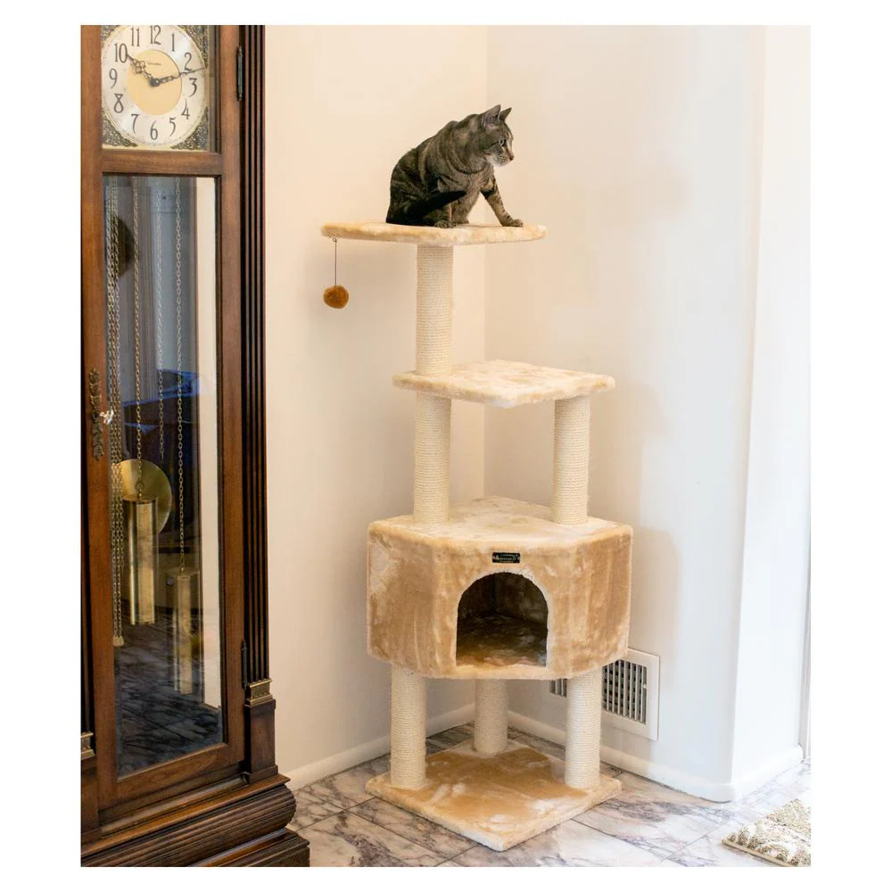 3 Levels Real Wood Cat Tower For Kittens Play 48 Height Beige - Image 10