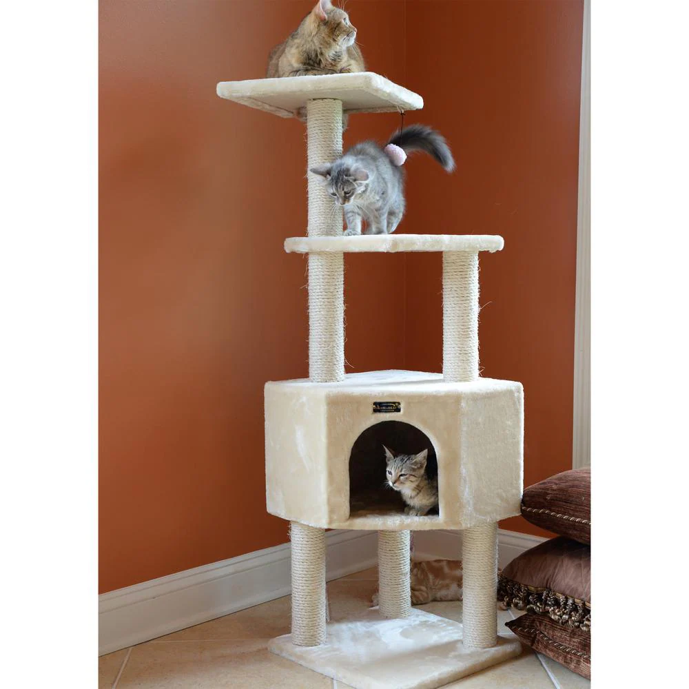 3 Levels Real Wood Cat Tower For Kittens Play 48 Height Beige - Image 12