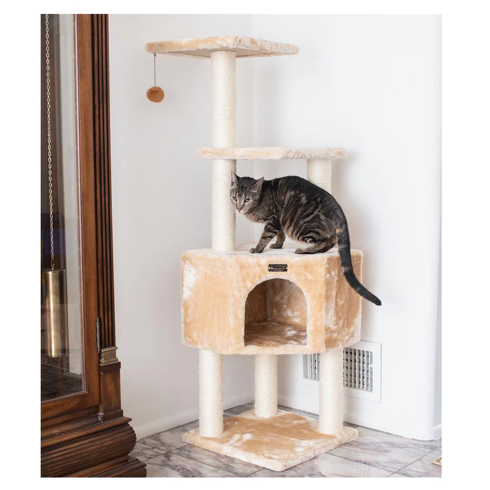 3 Levels Real Wood Cat Tower For Kittens Play 48 Height Beige - Image 14