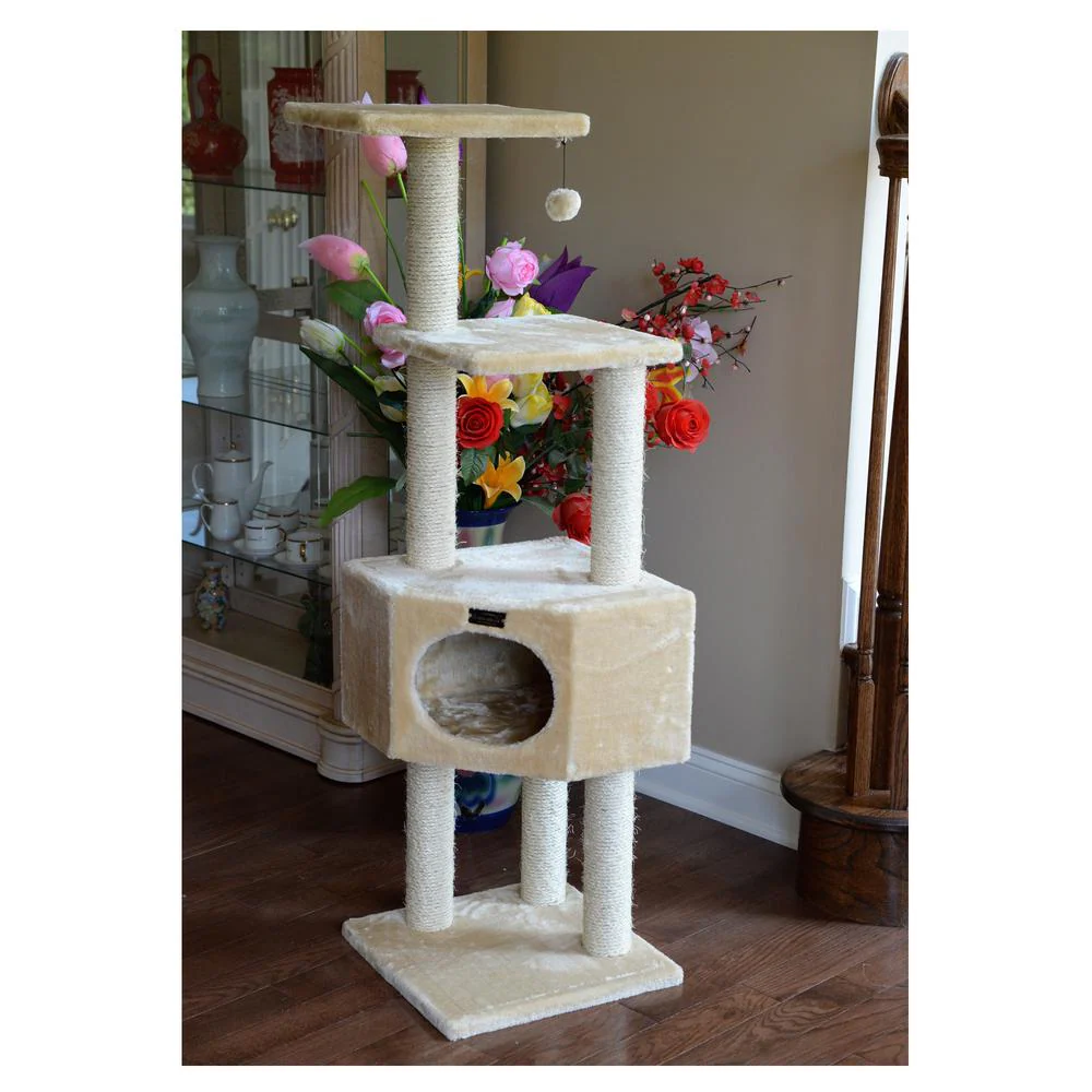 3 Tier Real Wood Cat Tree, Scratch Furniture, Beige - Image 14