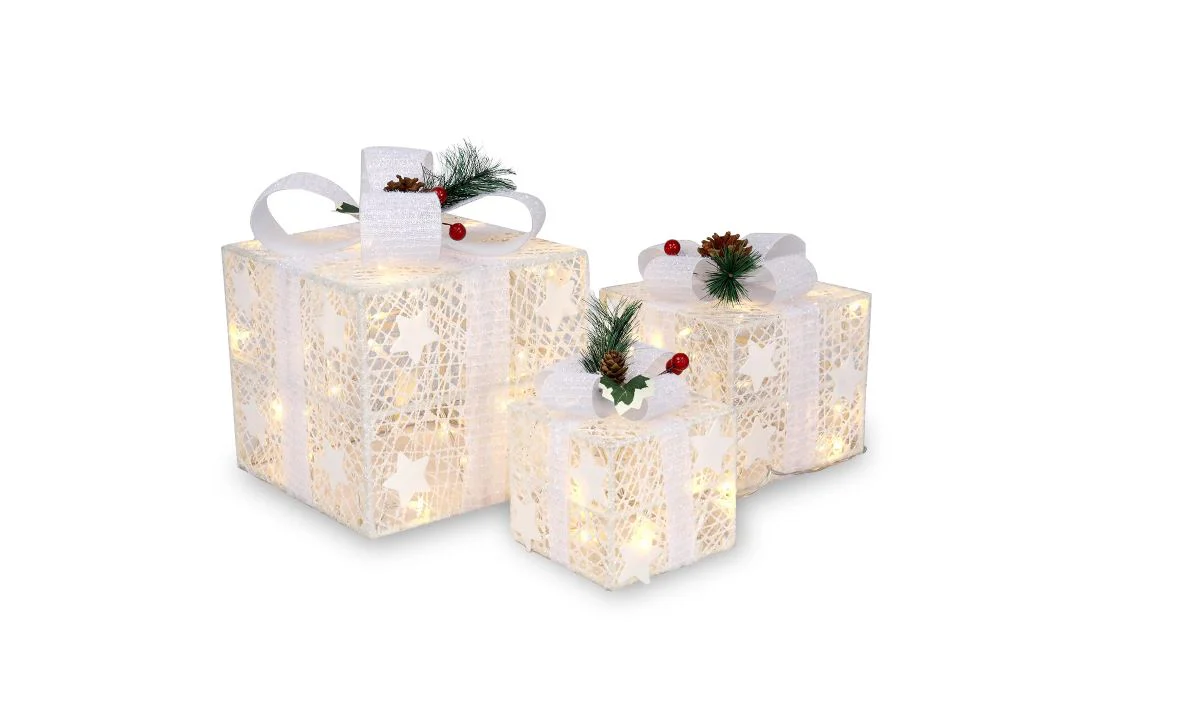 3pcs Christmas Decoration Lighted Gift Box Set with Warm Light, White
