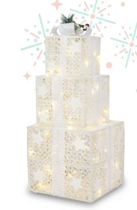 3pcs Christmas Decoration Lighted Gift Box Set with Warm Light, White - Image 4