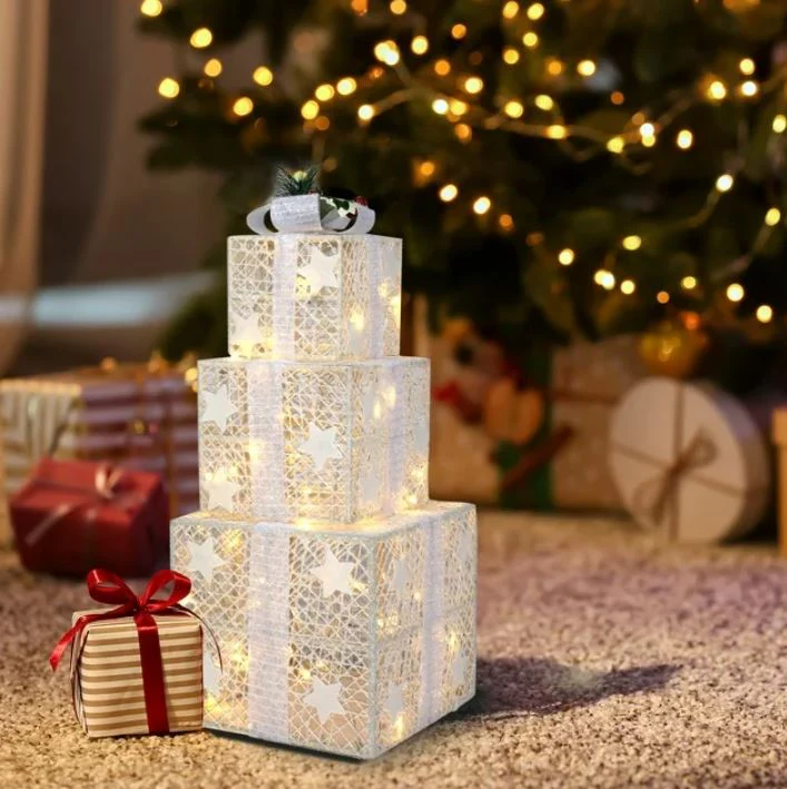 3pcs Christmas Decoration Lighted Gift Box Set with Warm Light, White - Image 5