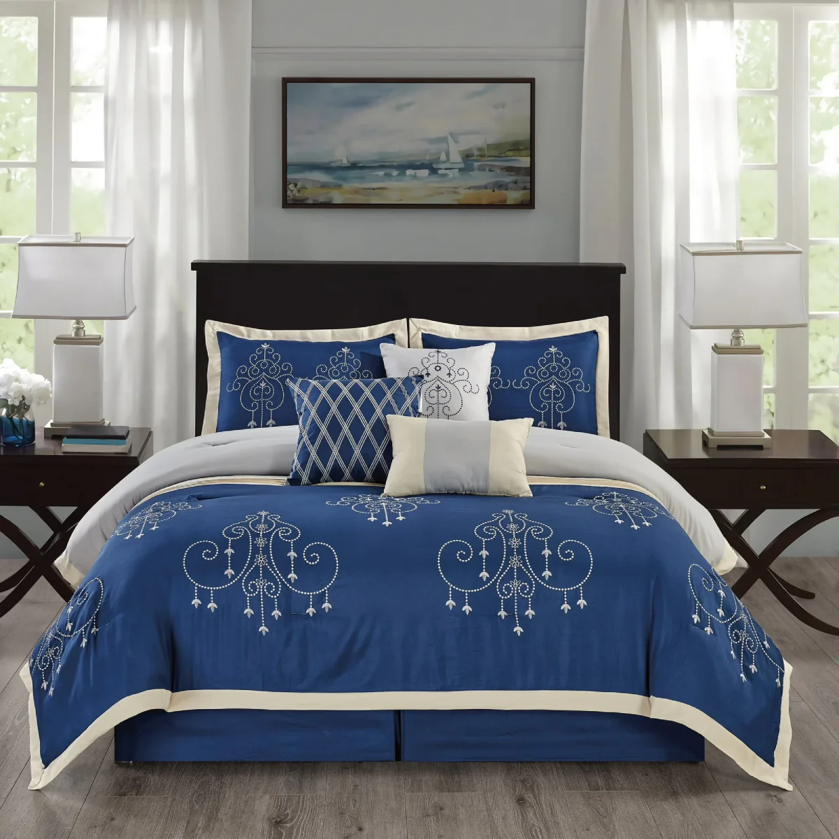 Kashi Home Queen Size Embroidered Comforter Set (7-Piece) - Blue - Image 2