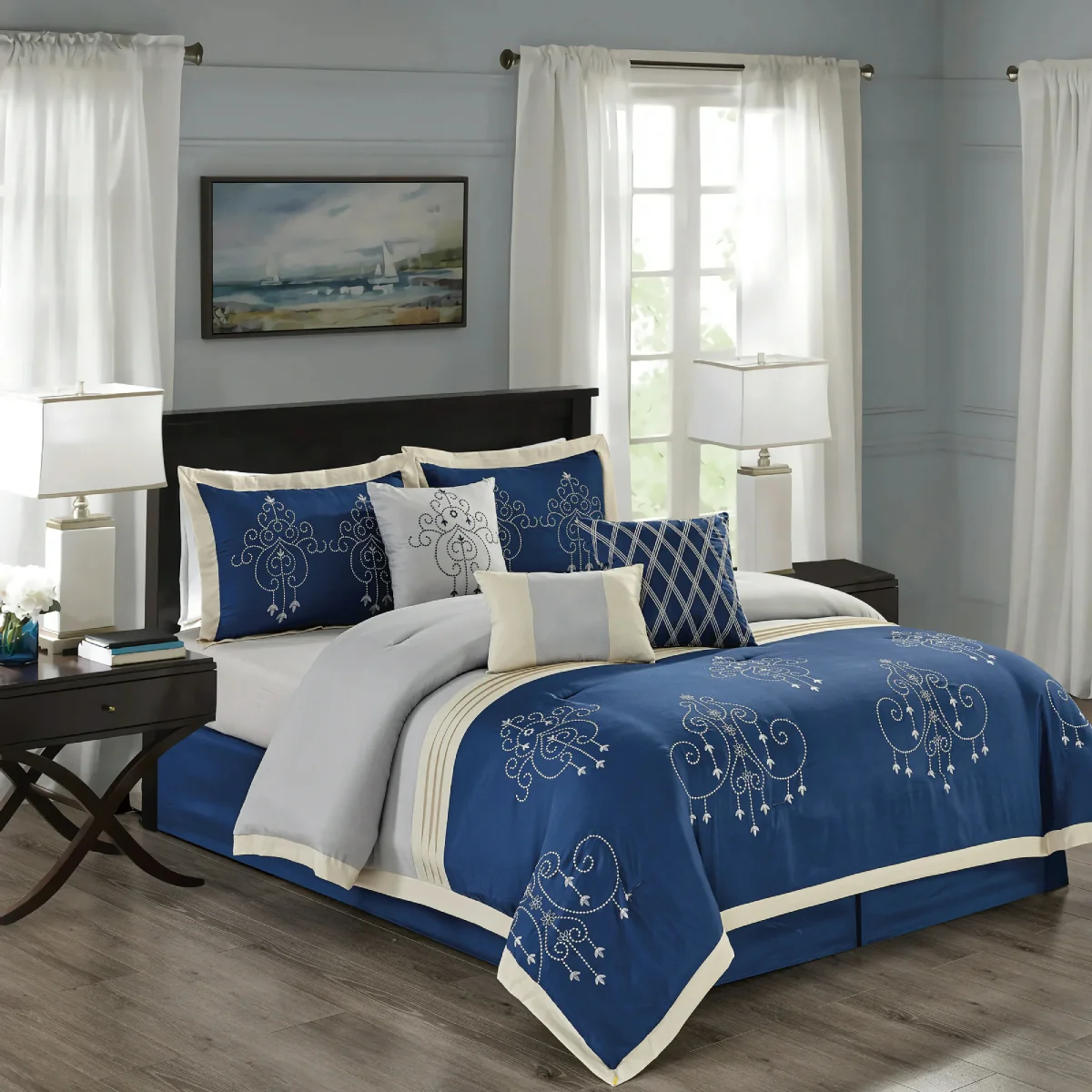 Kashi Home Queen Size Embroidered Comforter Set (7-Piece) - Blue - Image 3