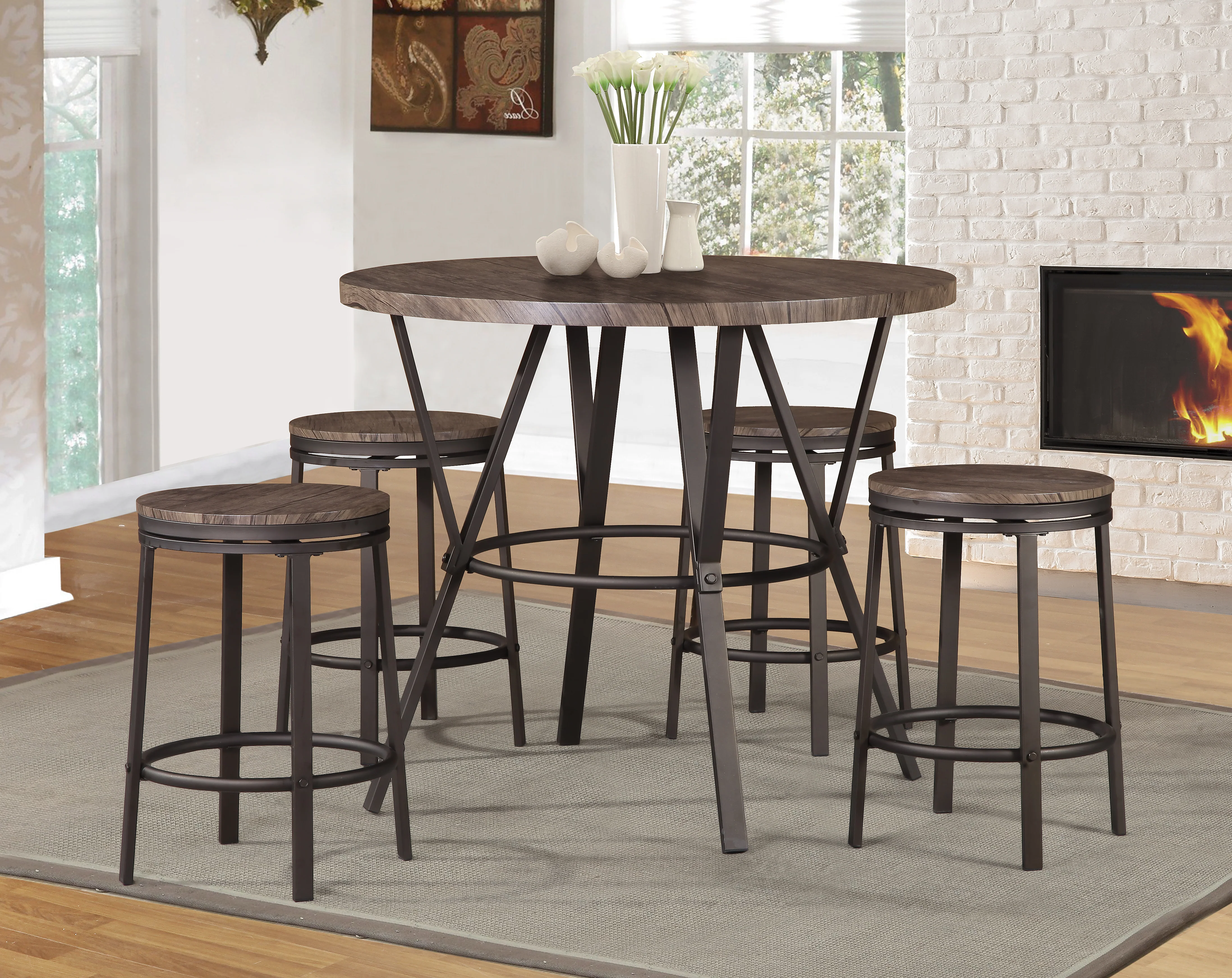 42" Brown Top Metal Round Counter Table with Wood - Image 2