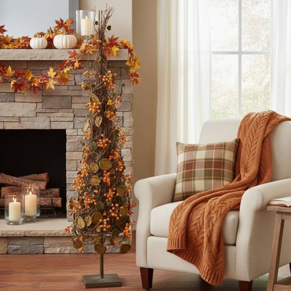 Allstate Floral 36" Artificial Berry and Smilax Leaf Topiary with Stand - Orange/Brown - Image 2