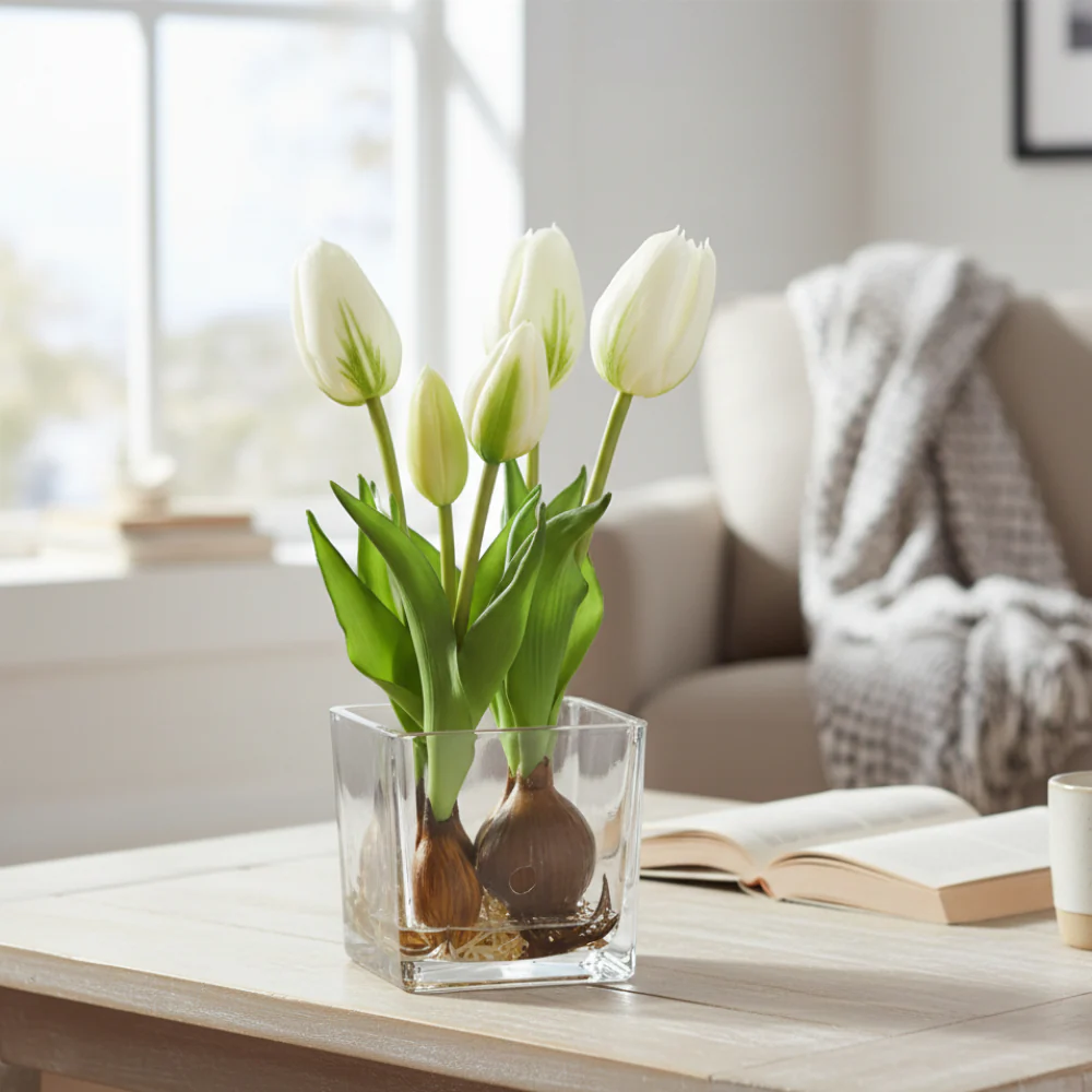 Allstate Floral 9" Tulip Flower Arrangement with Glass Vase - White/Green - Image 2