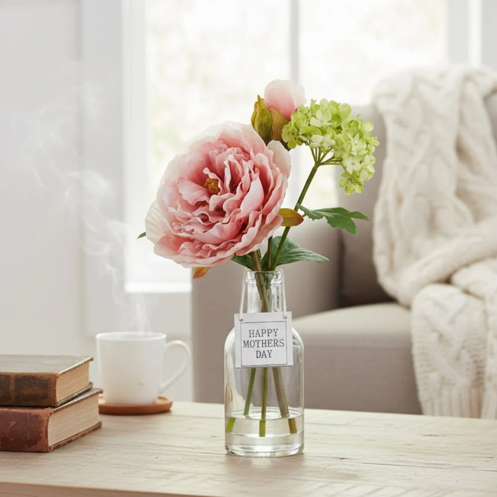 Allstate Floral 11.5" Peony and Snowball Flower Arrangement with Glass Vase - Pink/Green - Image 2