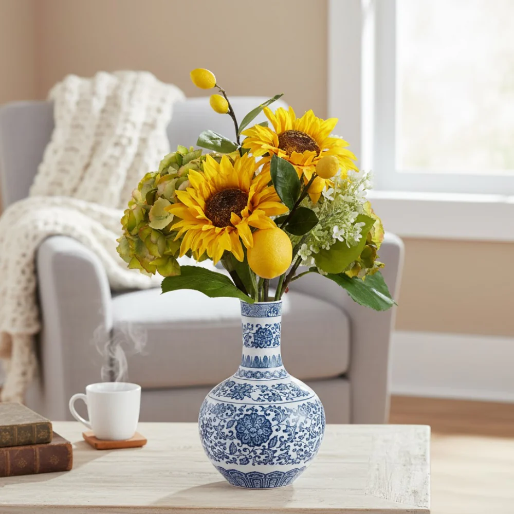 Allstate Floral 22" Sunflower, Hydrangea and Lemon Flower Arrangement with Ceramic Vase - Yellow - Image 2