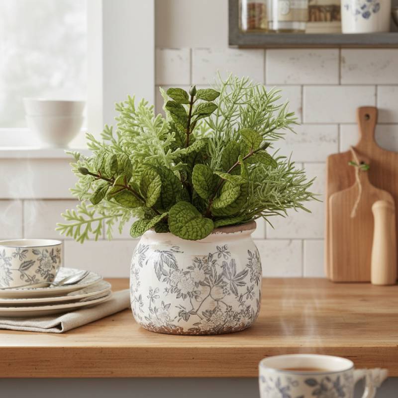 Allstate Floral 8.5" Mixed Herb Artificial Plant with Ceramic Vase - Green - Image 2