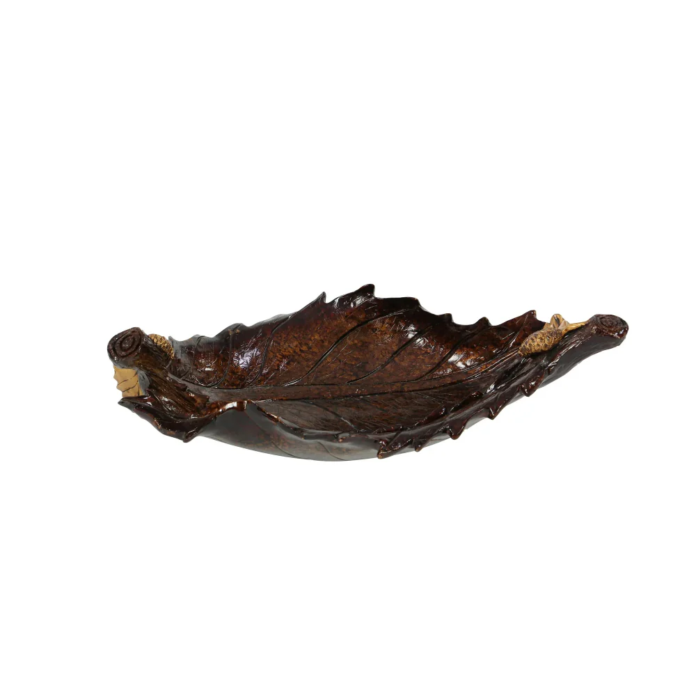 Decor Mache 12" Oval Intricate Carved Leaf Decorative Bowl - Brown - Image 3