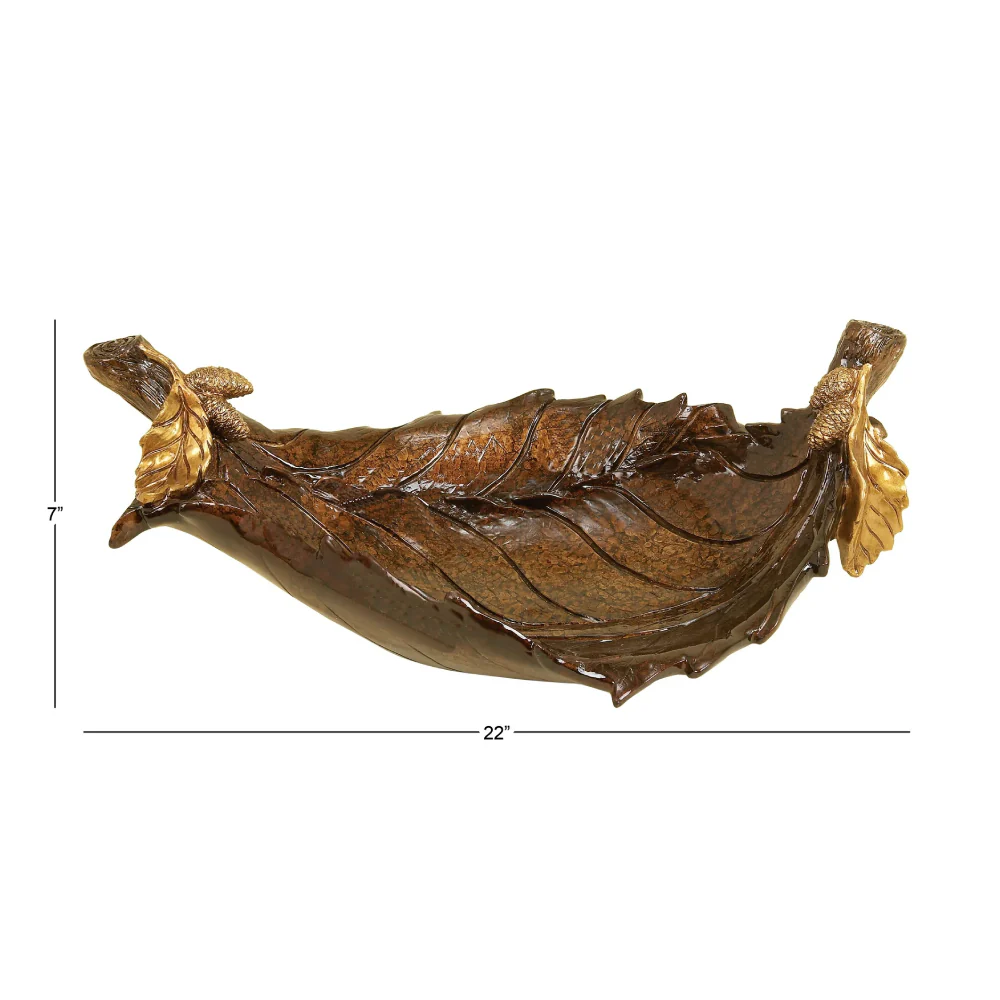 Decor Mache 12" Oval Intricate Carved Leaf Decorative Bowl - Brown - Image 5