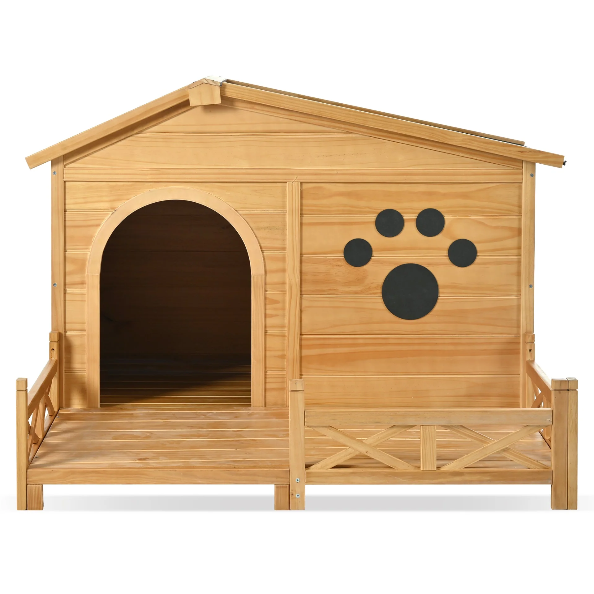 48" Wooden Dog House Outdoor with Porch, Dog Kennel with Water-Resistant Asphalt Roof and Fencing,Indoor & Outdoor Dog Crate with Paw Print, Medium, Nature - Image 10