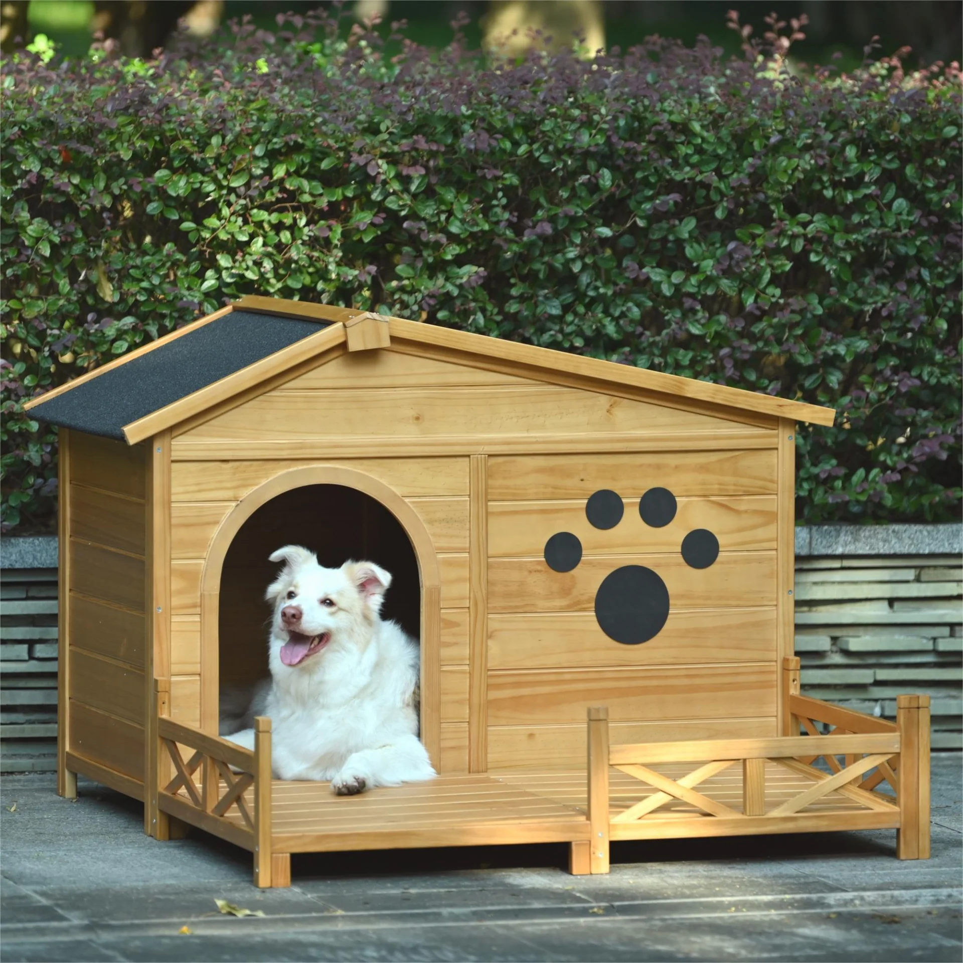 48" Wooden Dog House Outdoor with Porch, Dog Kennel with Water-Resistant Asphalt Roof and Fencing,Indoor & Outdoor Dog Crate with Paw Print, Medium, Nature - Image 2