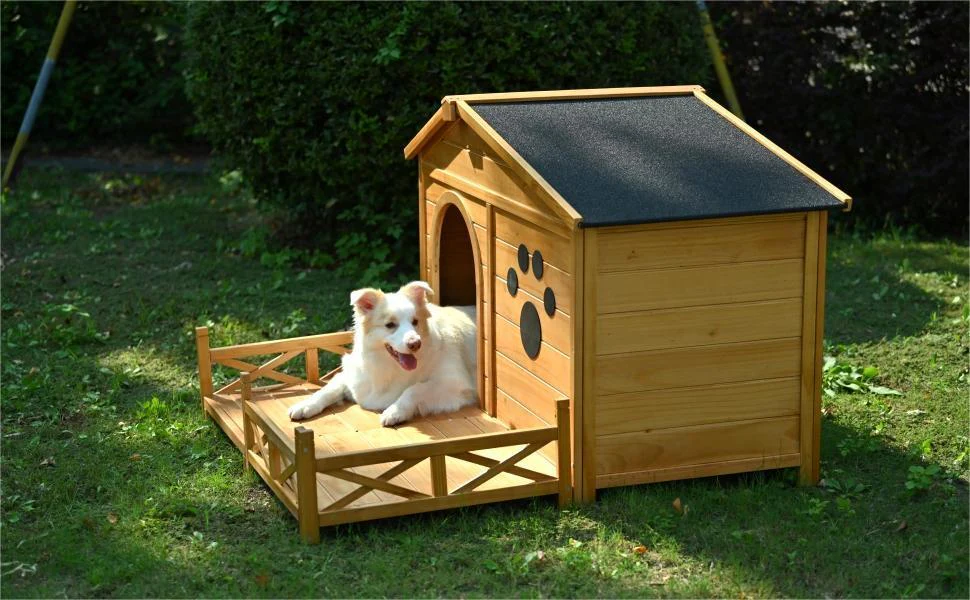 48" Wooden Dog House Outdoor with Porch, Dog Kennel with Water-Resistant Asphalt Roof and Fencing,Indoor & Outdoor Dog Crate with Paw Print, Medium, Nature - Image 5