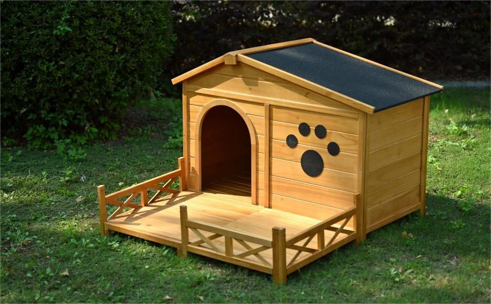 48" Wooden Dog House Outdoor with Porch, Dog Kennel with Water-Resistant Asphalt Roof and Fencing,Indoor & Outdoor Dog Crate with Paw Print, Medium, Nature - Image 6