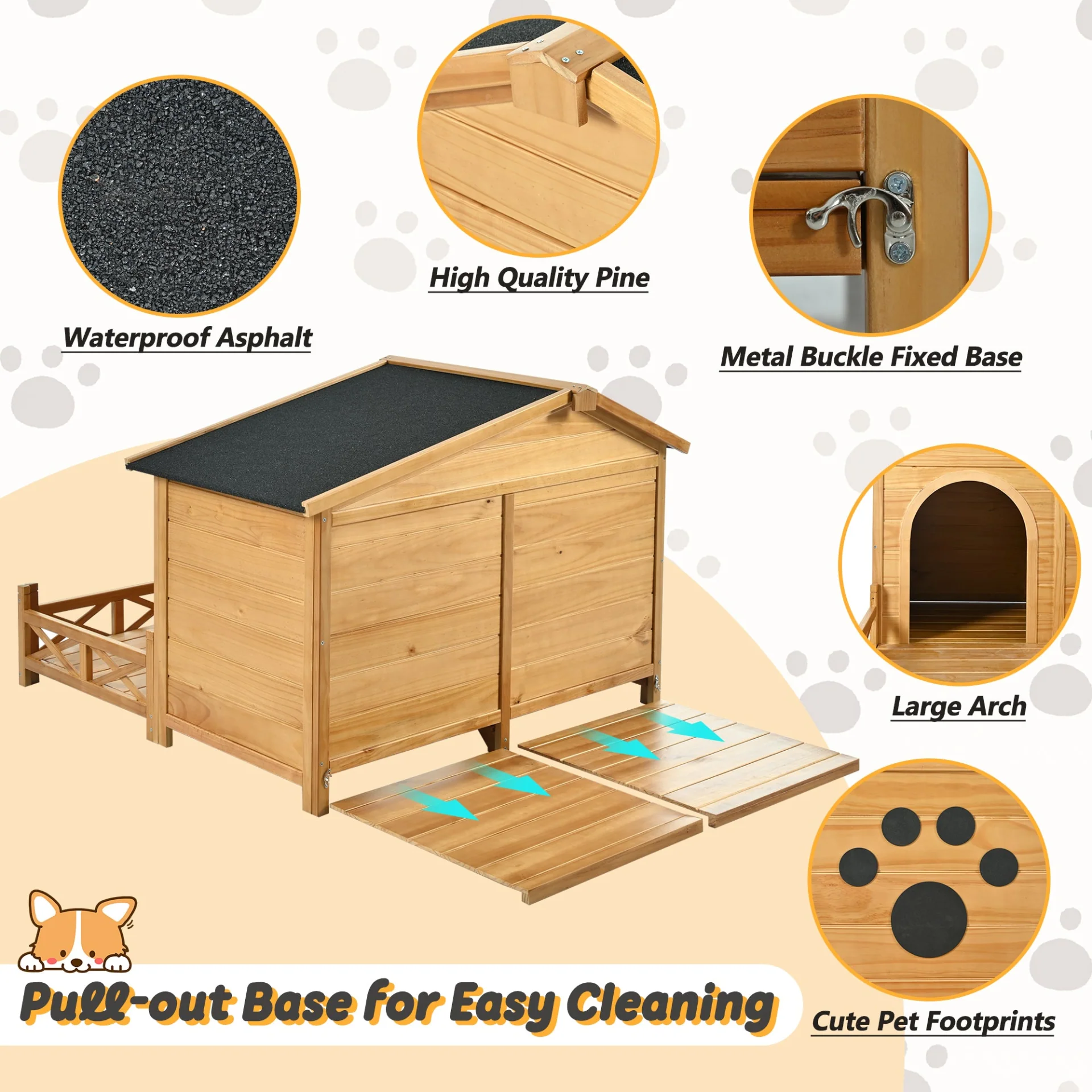 48" Wooden Dog House Outdoor with Porch, Dog Kennel with Water-Resistant Asphalt Roof and Fencing,Indoor & Outdoor Dog Crate with Paw Print, Medium, Nature - Image 8