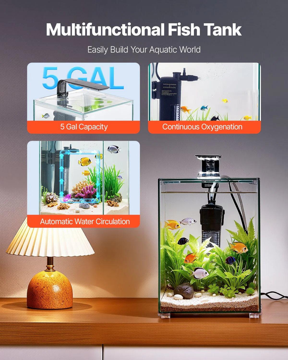 5 Gallon Fish Tank Aquarium Smart Square Clear Glass 3 Color Self Cleaning