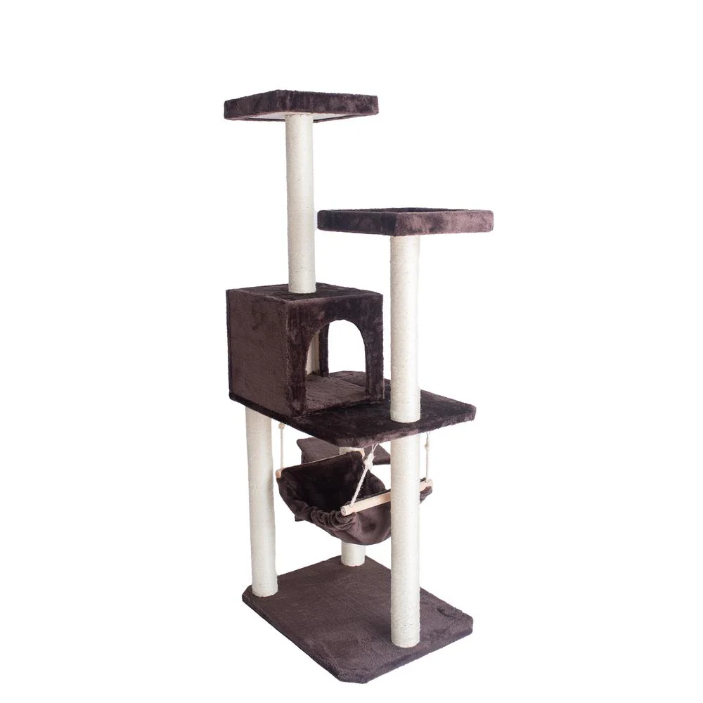 57-Inch Real Wood Cat Tree In Coffee Brown With Four Levels, Ramp - Image 2