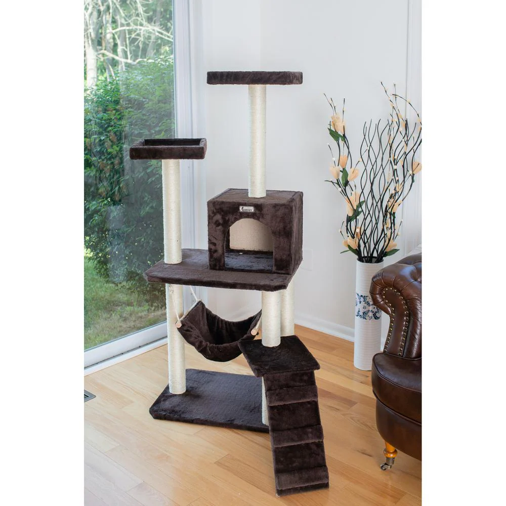 57-Inch Real Wood Cat Tree In Coffee Brown With Four Levels, Ramp - Image 3