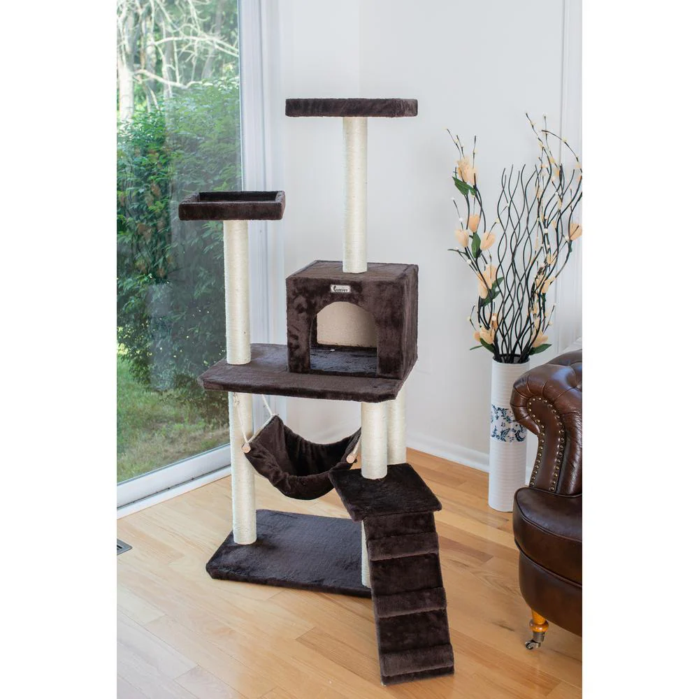 57-Inch Real Wood Cat Tree In Coffee Brown With Four Levels, Ramp - Image 4
