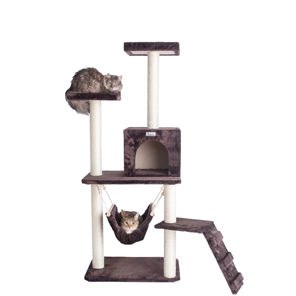 57-Inch Real Wood Cat Tree In Coffee Brown With Four Levels, Ramp - Image 6