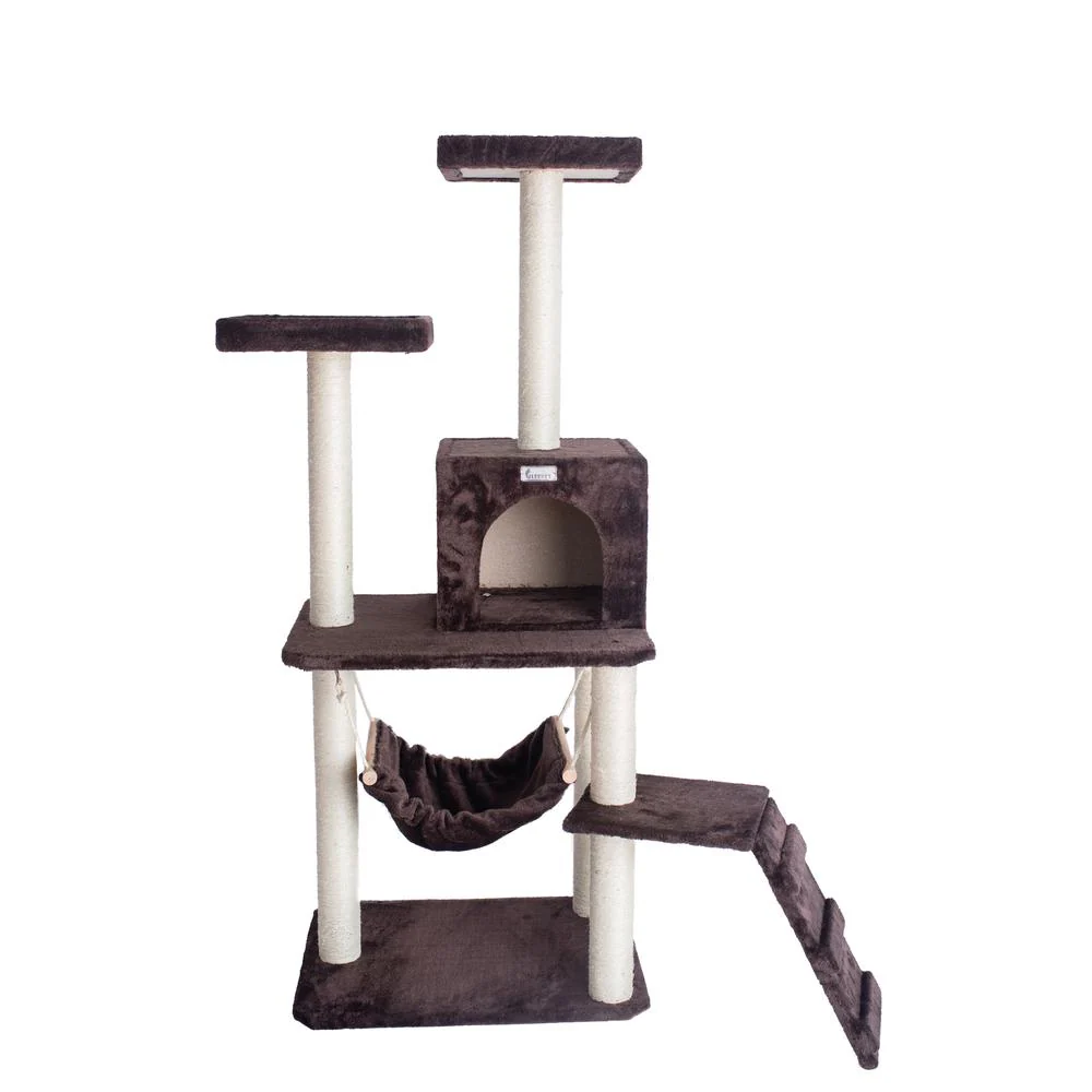 57-Inch Real Wood Cat Tree In Coffee Brown With Four Levels, Ramp - Image 8