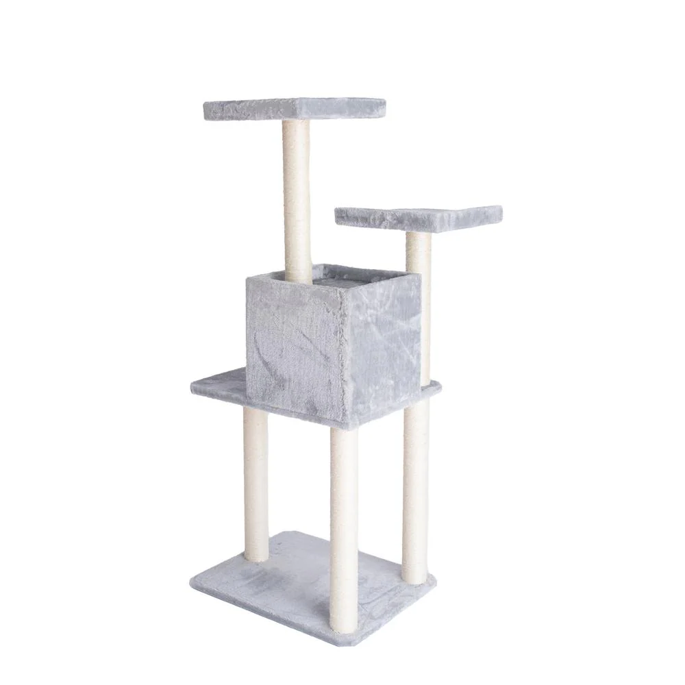 57-Inch Real Wood Cat Tree In Silver Gray With Two-Door Condo