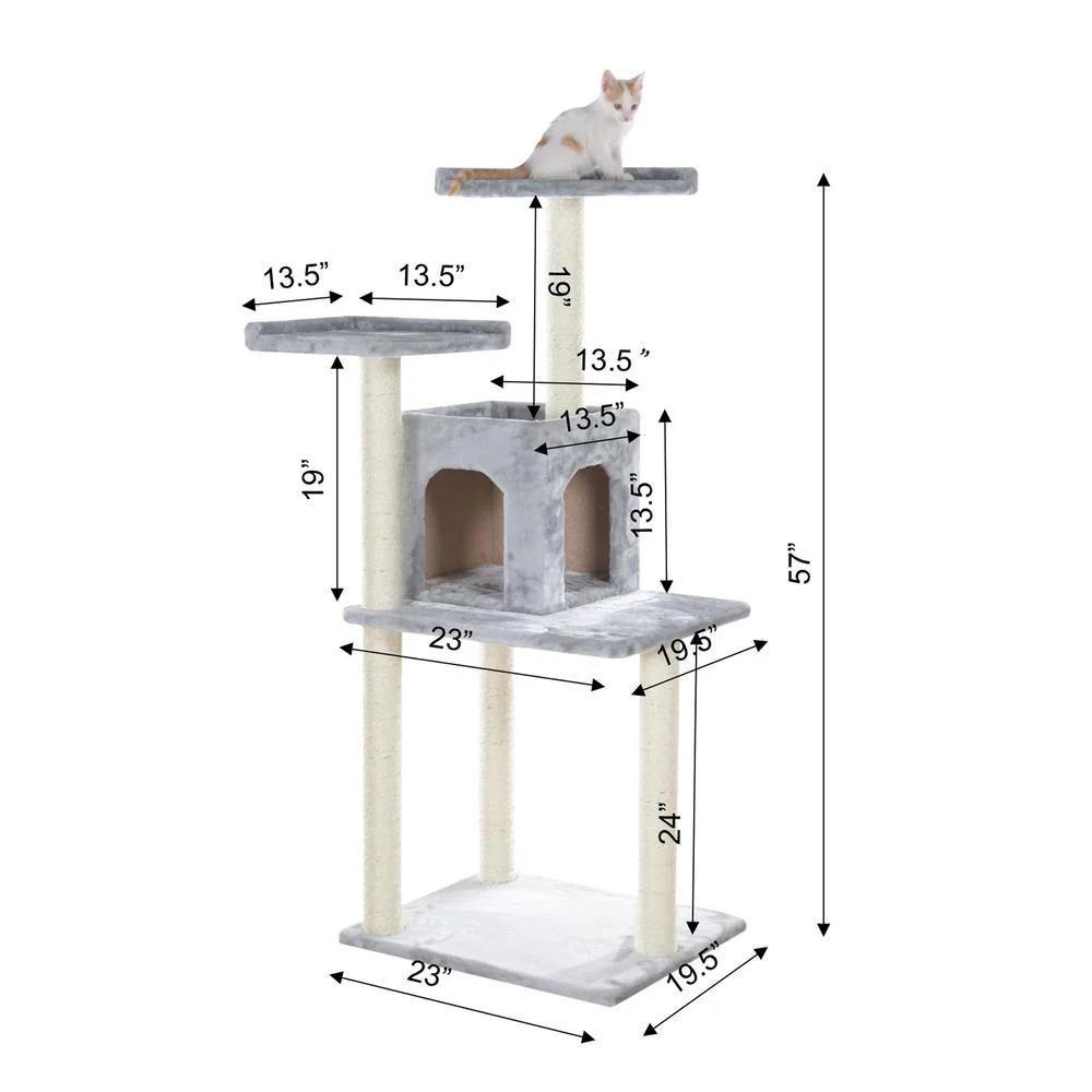 57-Inch Real Wood Cat Tree In Silver Gray With Two-Door Condo - Image 10