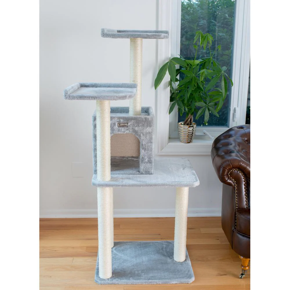 57-Inch Real Wood Cat Tree In Silver Gray With Two-Door Condo - Image 12