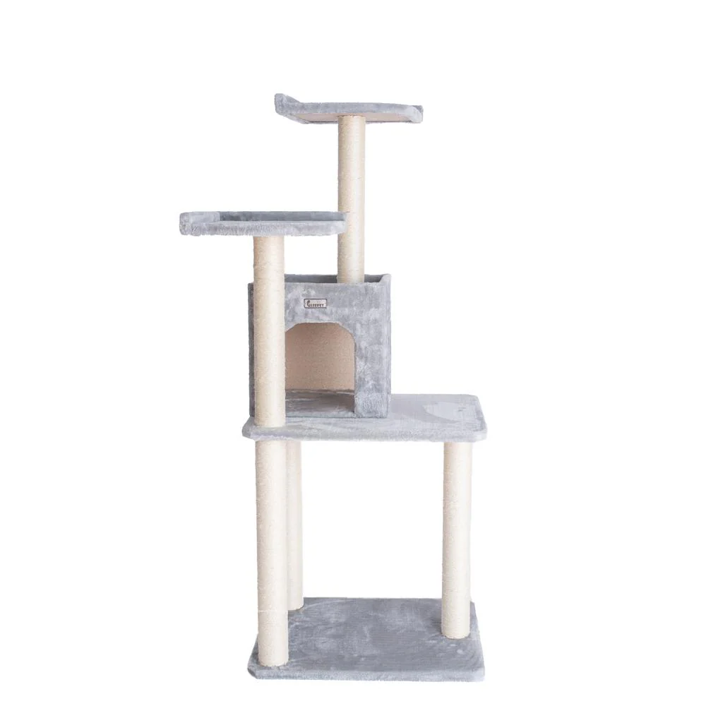 57-Inch Real Wood Cat Tree In Silver Gray With Two-Door Condo - Image 5