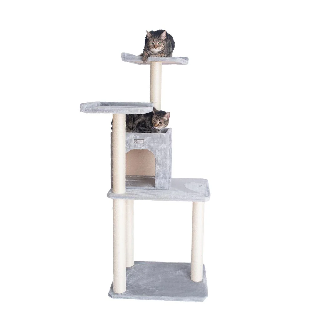 57-Inch Real Wood Cat Tree In Silver Gray With Two-Door Condo - Image 6