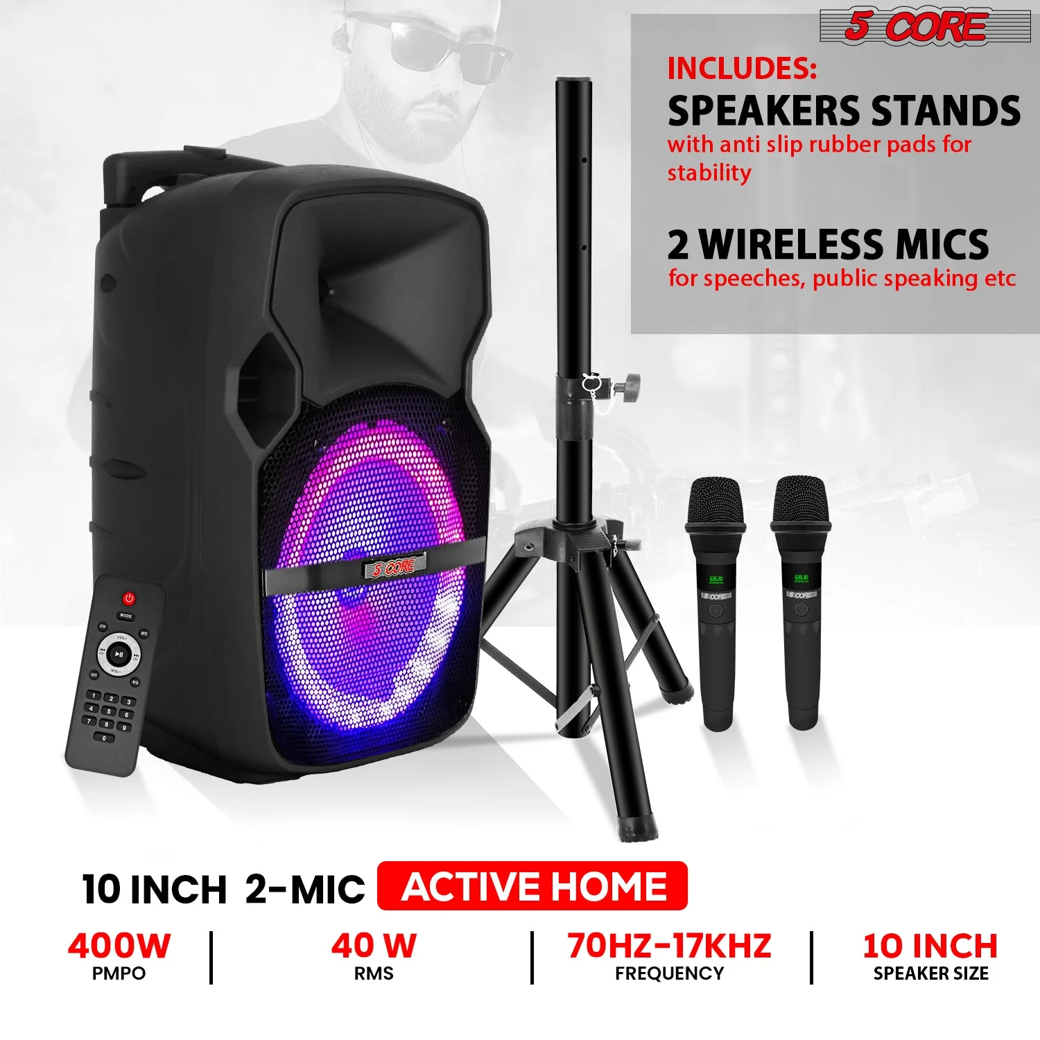 5Core 10 inch PA Portable Bluetooth Party Speaker Karaoke Boombox + 2 Wireless Mics - Image 11