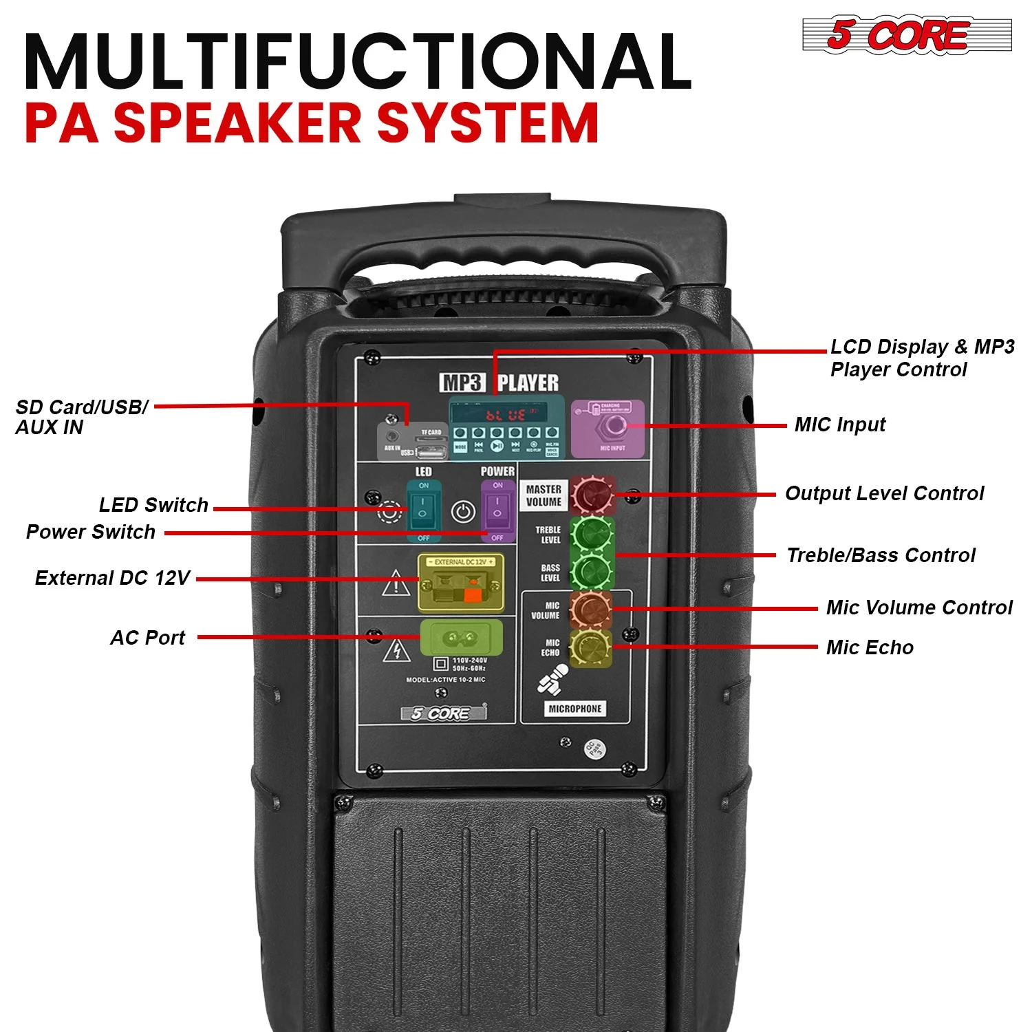 5Core 10 inch PA Portable Bluetooth Party Speaker Karaoke Boombox + 2 Wireless Mics - Image 7