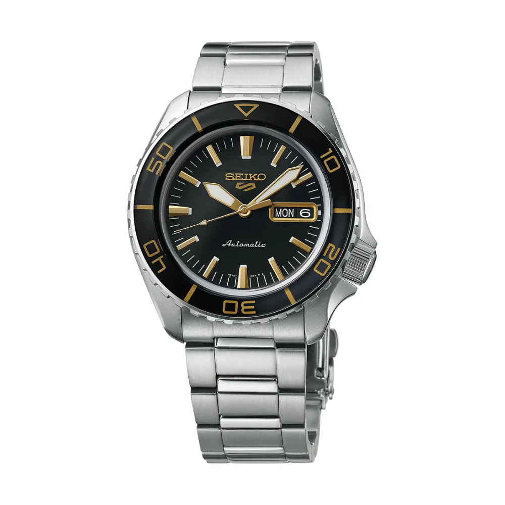 Seiko 5 Sports Men's 42.5 mm Silver Bracelet Watch - Black Dial
