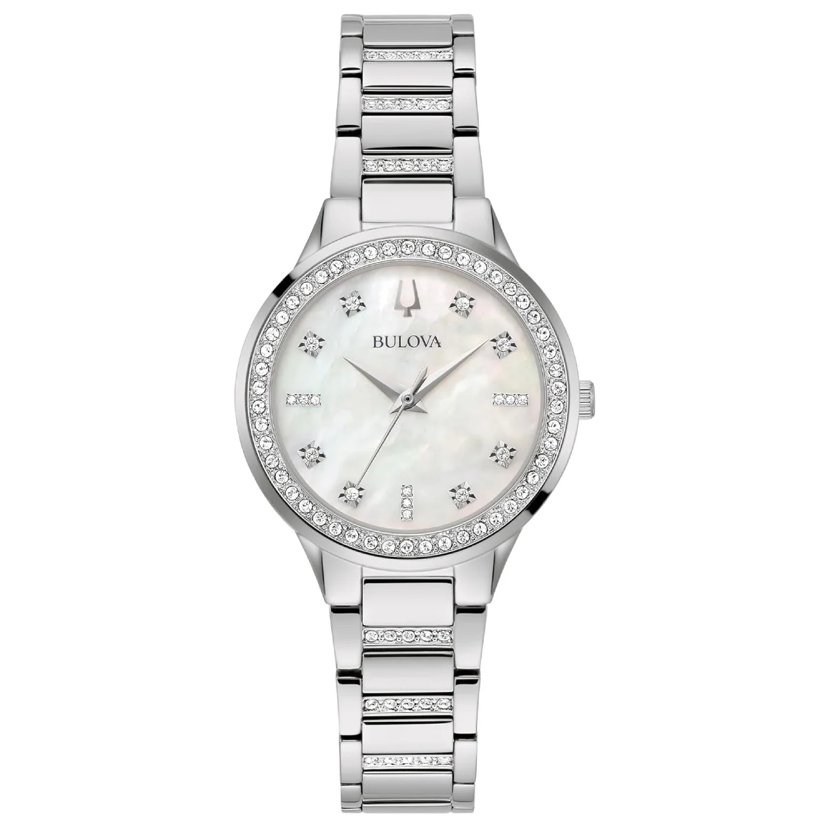 Bulova Women's Crystal 30mm Silver Analog Bracelet Watch with Heart Pendant Necklace Set - Mother of Pearl Dial - Image 2